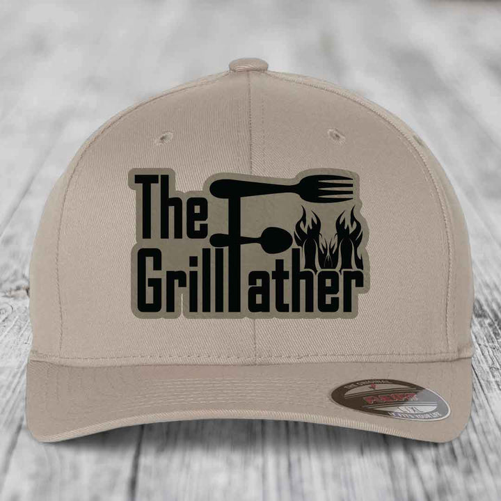 The Grillfather - Leather Patch Hat - Light Brown to Black Patch - Flexfit 6277 Fitted Hat