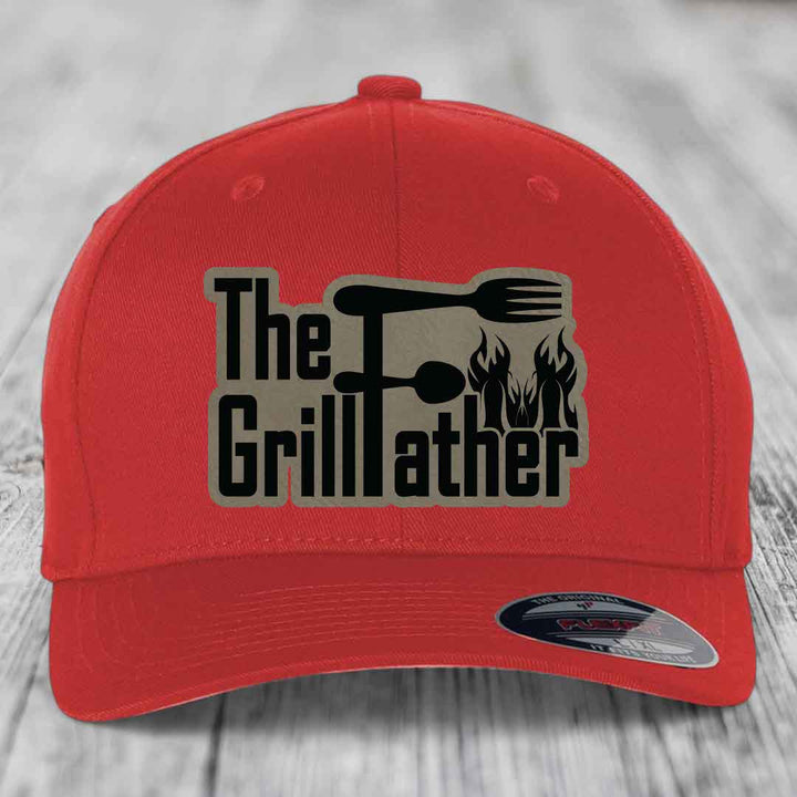 The Grillfather - Leather Patch Hat - Light Brown to Black Patch - Flexfit 6277 Fitted Hat