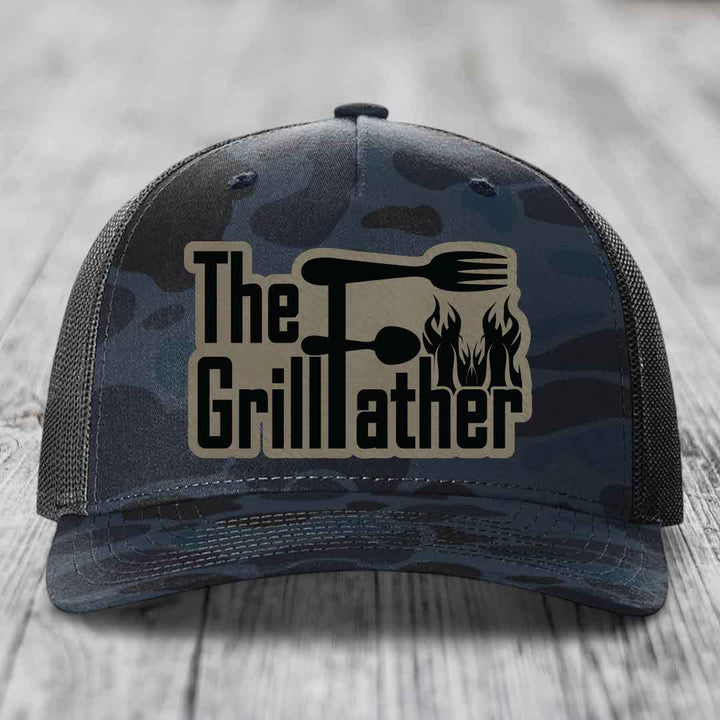 The Grillfather - Leather Patch Hat - Light Brown to Black Patch - Richardson 112PFP Snapback Trucker Hat