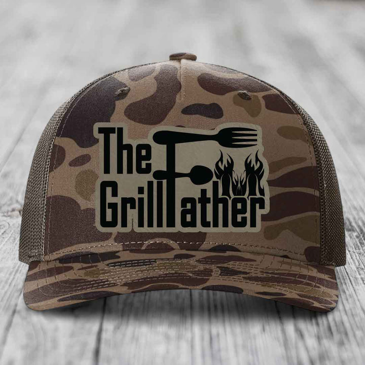 The Grillfather - Leather Patch Hat - Light Brown to Black Patch - Richardson 112PFP Snapback Trucker Hat