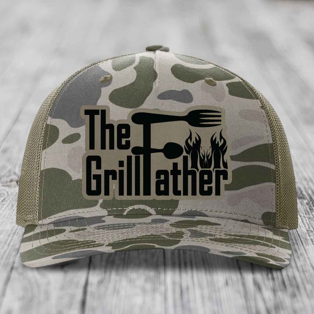 The Grillfather - Leather Patch Hat - Light Brown to Black Patch - Richardson 112PFP Snapback Trucker Hat