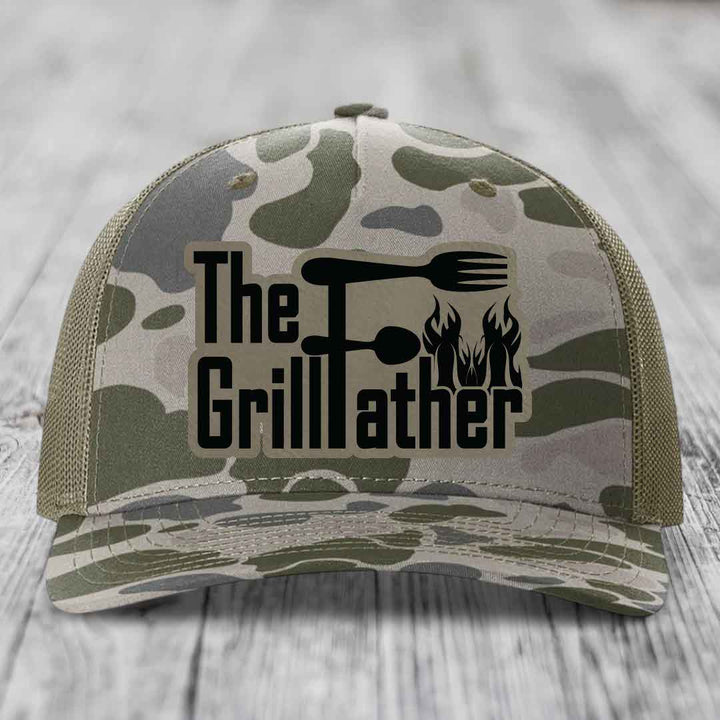The Grillfather - Leather Patch Hat - Light Brown to Black Patch - Richardson 112PFP Snapback Trucker Hat