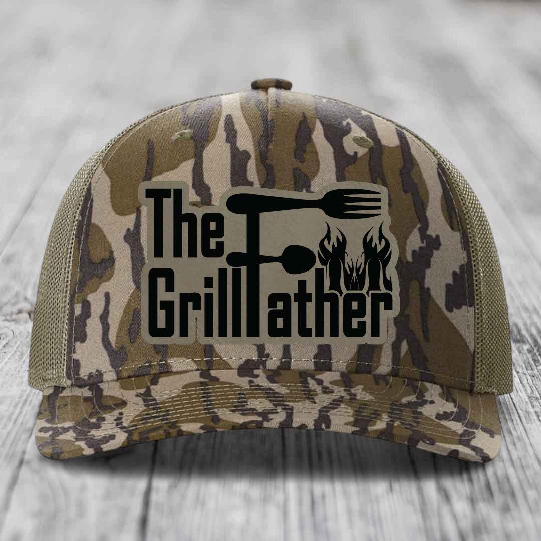 The Grillfather - Leather Patch Hat - Light Brown to Black Patch - Richardson 112PFP Snapback Trucker Hat
