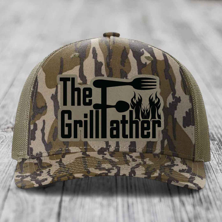 The Grillfather - Leather Patch Hat - Light Brown to Black Patch - Richardson 112PFP Snapback Trucker Hat