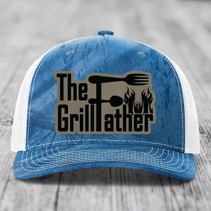 The Grillfather - Leather Patch Hat - Light Brown to Black Patch - Richardson 112PFP Snapback Trucker Hat
