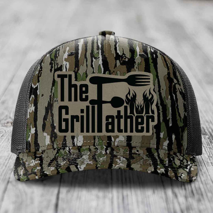 The Grillfather - Leather Patch Hat - Light Brown to Black Patch - Richardson 112PFP Snapback Trucker Hat