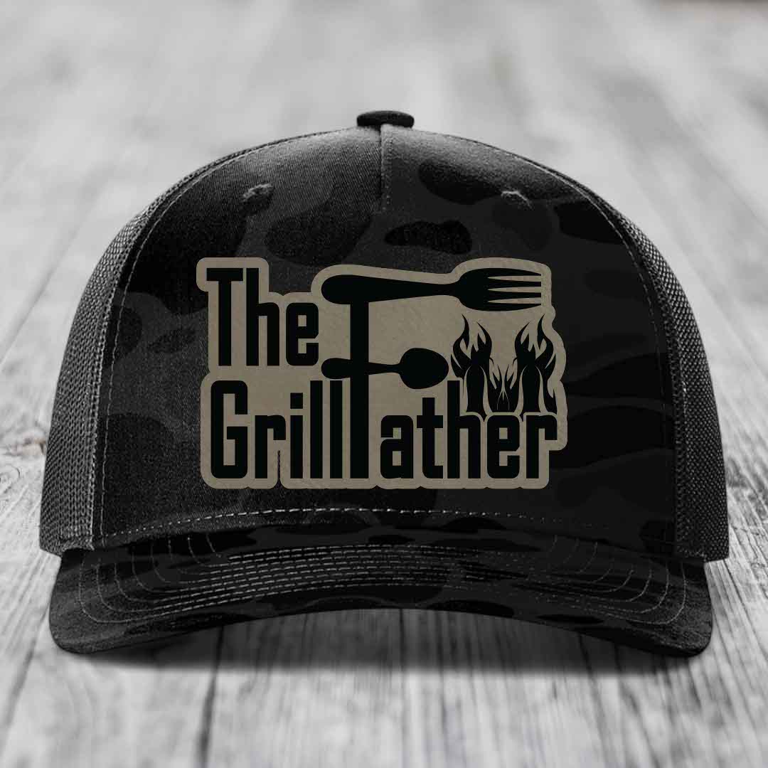 The Grillfather - Leather Patch Hat - Light Brown to Black Patch - Richardson 112PFP Snapback Trucker Hat