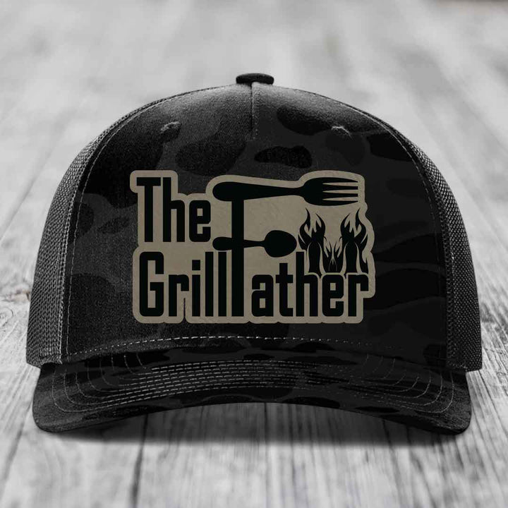 The Grillfather - Leather Patch Hat - Light Brown to Black Patch - Richardson 112PFP Snapback Trucker Hat