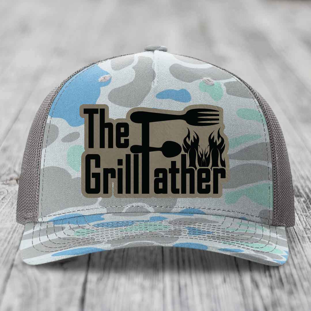 The Grillfather - Leather Patch Hat - Light Brown to Black Patch - Richardson 112PFP Snapback Trucker Hat
