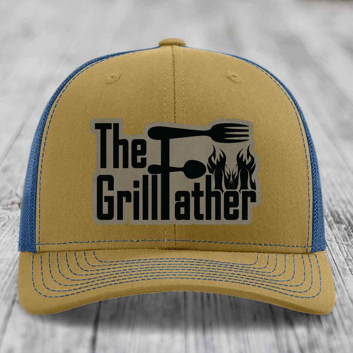 The Grillfather - Leather Patch Hat - Light Brown to Black Patch - Richardson 112 Snapback Trucker Hat