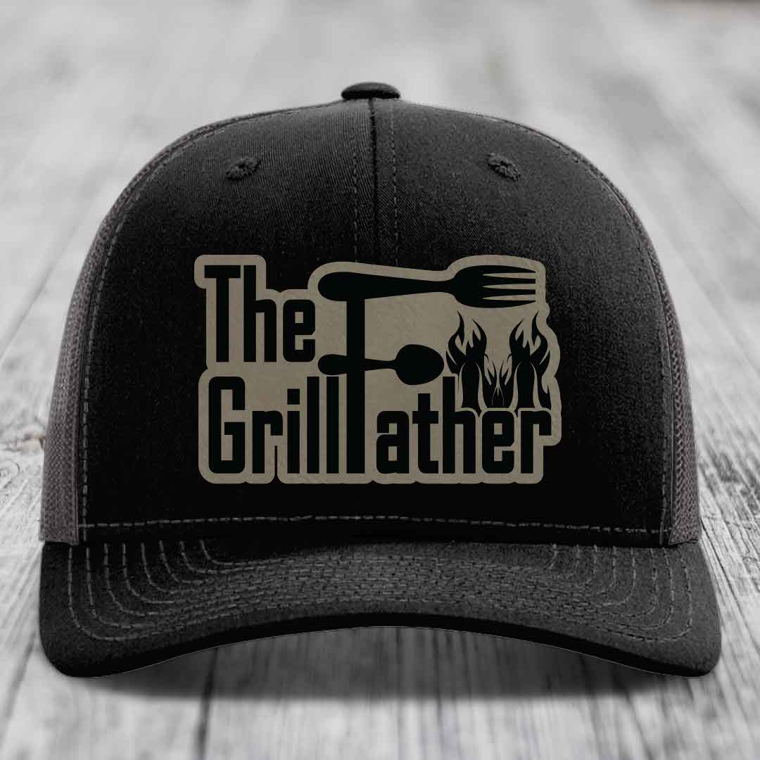 The Grillfather - Leather Patch Hat - Light Brown to Black Patch - Richardson 112 Snapback Trucker Hat