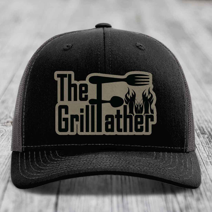 The Grillfather - Leather Patch Hat - Light Brown to Black Patch - Richardson 112 Snapback Trucker Hat