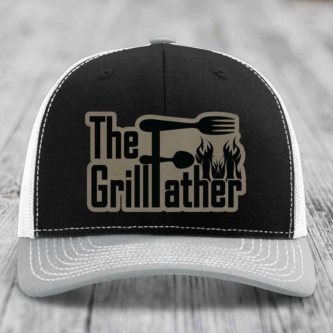The Grillfather - Leather Patch Hat - Light Brown to Black Patch - Richardson 112 Snapback Trucker Hat