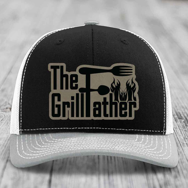 The Grillfather - Leather Patch Hat - Light Brown to Black Patch - Richardson 112 Snapback Trucker Hat