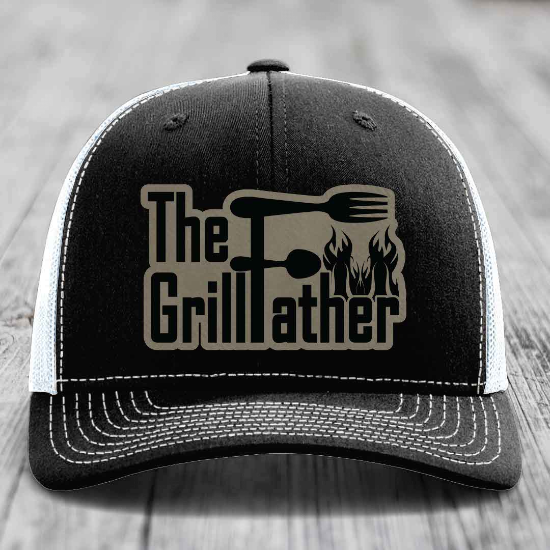 The Grillfather - Leather Patch Hat - Light Brown to Black Patch - Richardson 112 Snapback Trucker Hat