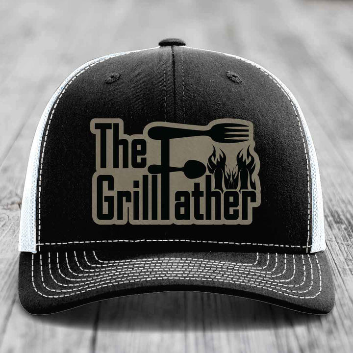 The Grillfather - Leather Patch Hat - Light Brown to Black Patch - Richardson 112 Snapback Trucker Hat