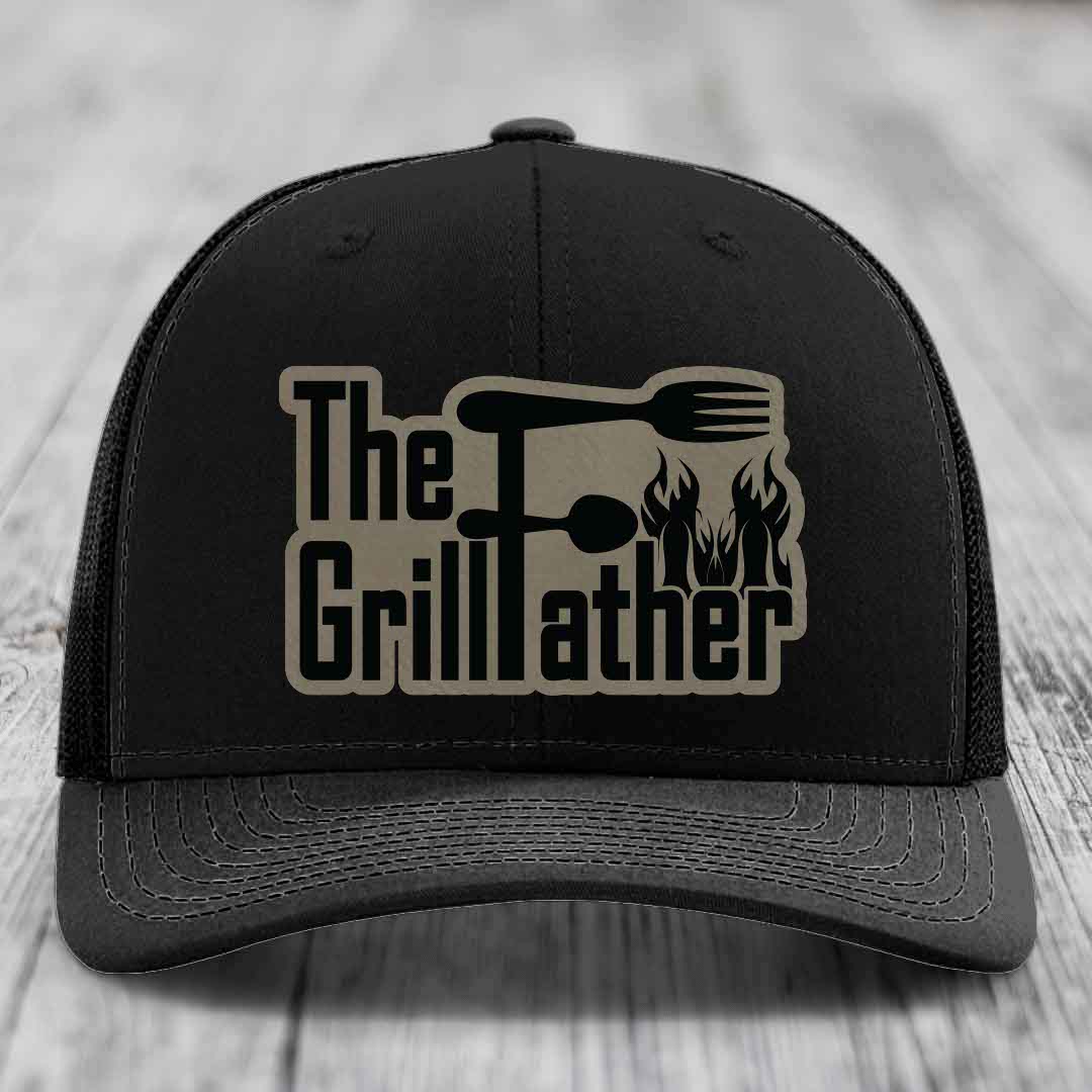 The Grillfather - Leather Patch Hat - Light Brown to Black Patch - Richardson 112 Snapback Trucker Hat