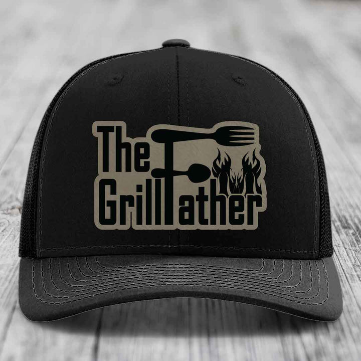 The Grillfather - Leather Patch Hat - Light Brown to Black Patch - Richardson 112 Snapback Trucker Hat