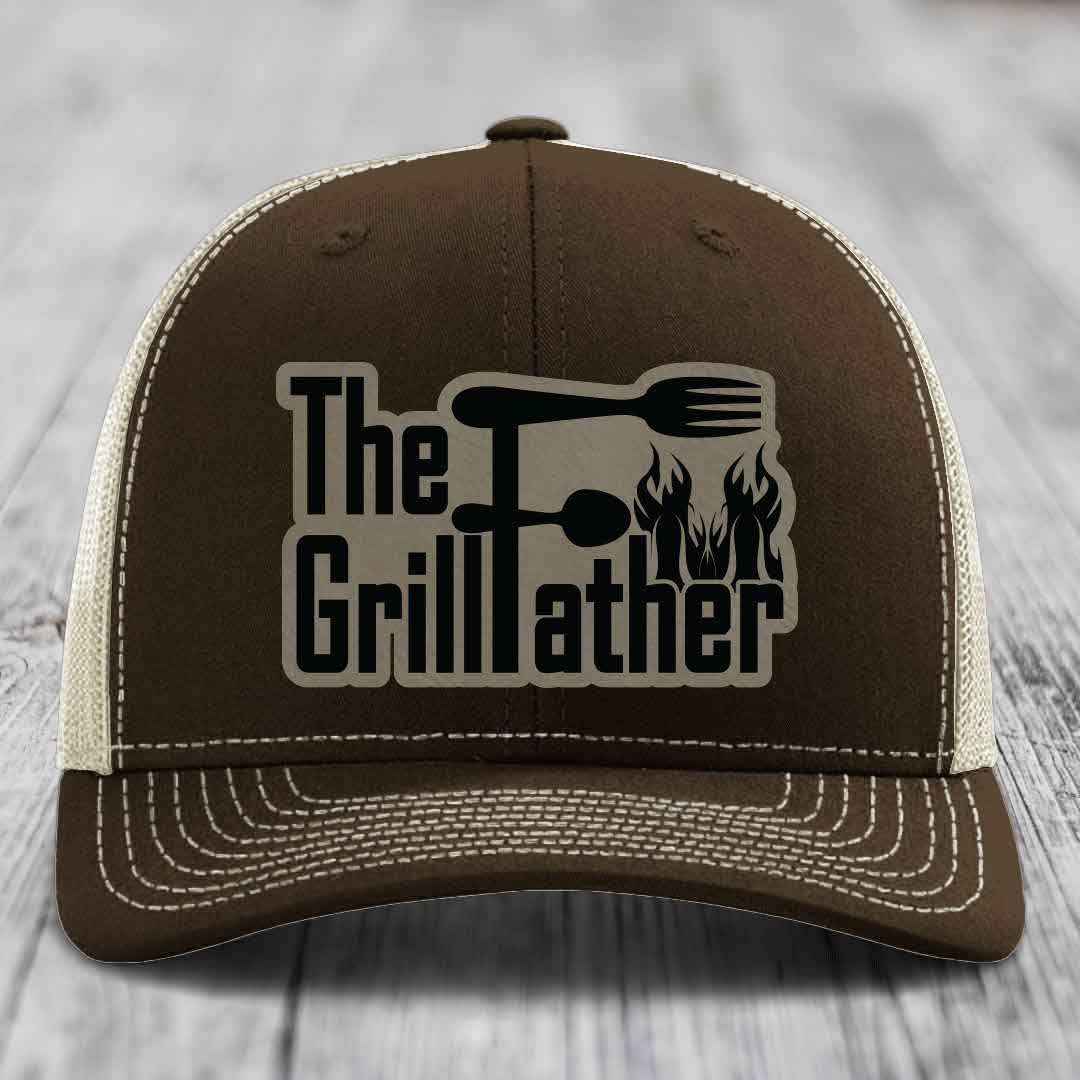 The Grillfather - Leather Patch Hat - Light Brown to Black Patch - Richardson 112 Snapback Trucker Hat