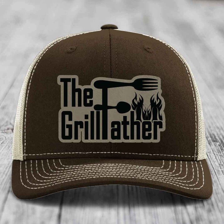 The Grillfather - Leather Patch Hat - Light Brown to Black Patch - Richardson 112 Snapback Trucker Hat
