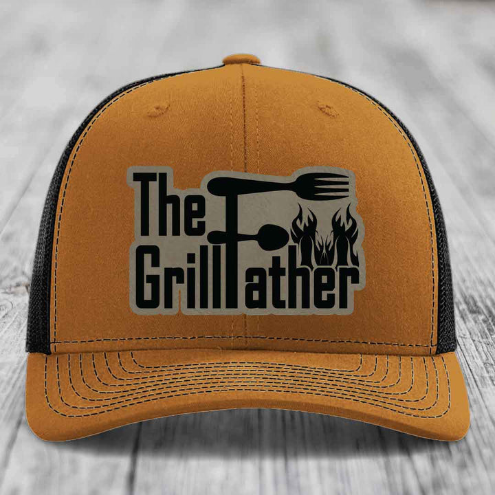 The Grillfather - Leather Patch Hat - Light Brown to Black Patch - Richardson 112 Snapback Trucker Hat