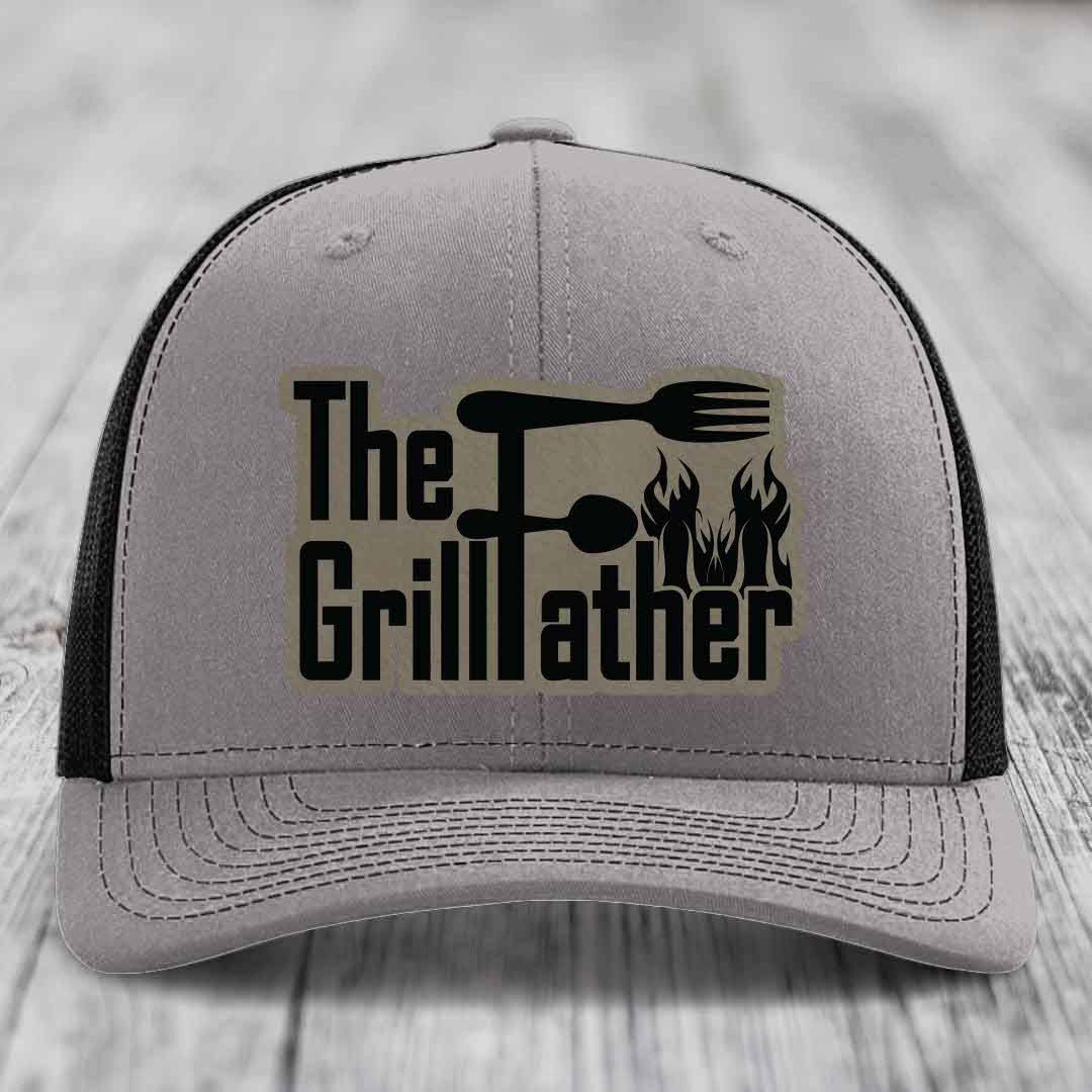 The Grillfather - Leather Patch Hat - Light Brown to Black Patch - Richardson 112 Snapback Trucker Hat