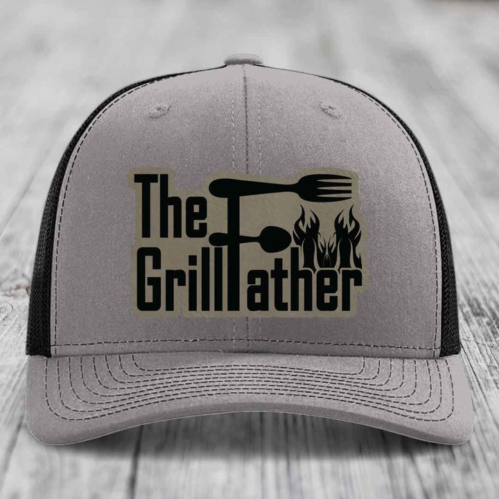 The Grillfather - Leather Patch Hat - Light Brown to Black Patch - Richardson 112 Snapback Trucker Hat