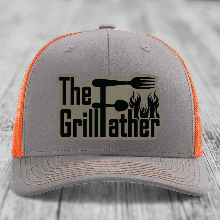 The Grillfather - Leather Patch Hat - Light Brown to Black Patch - Richardson 112 Snapback Trucker Hat