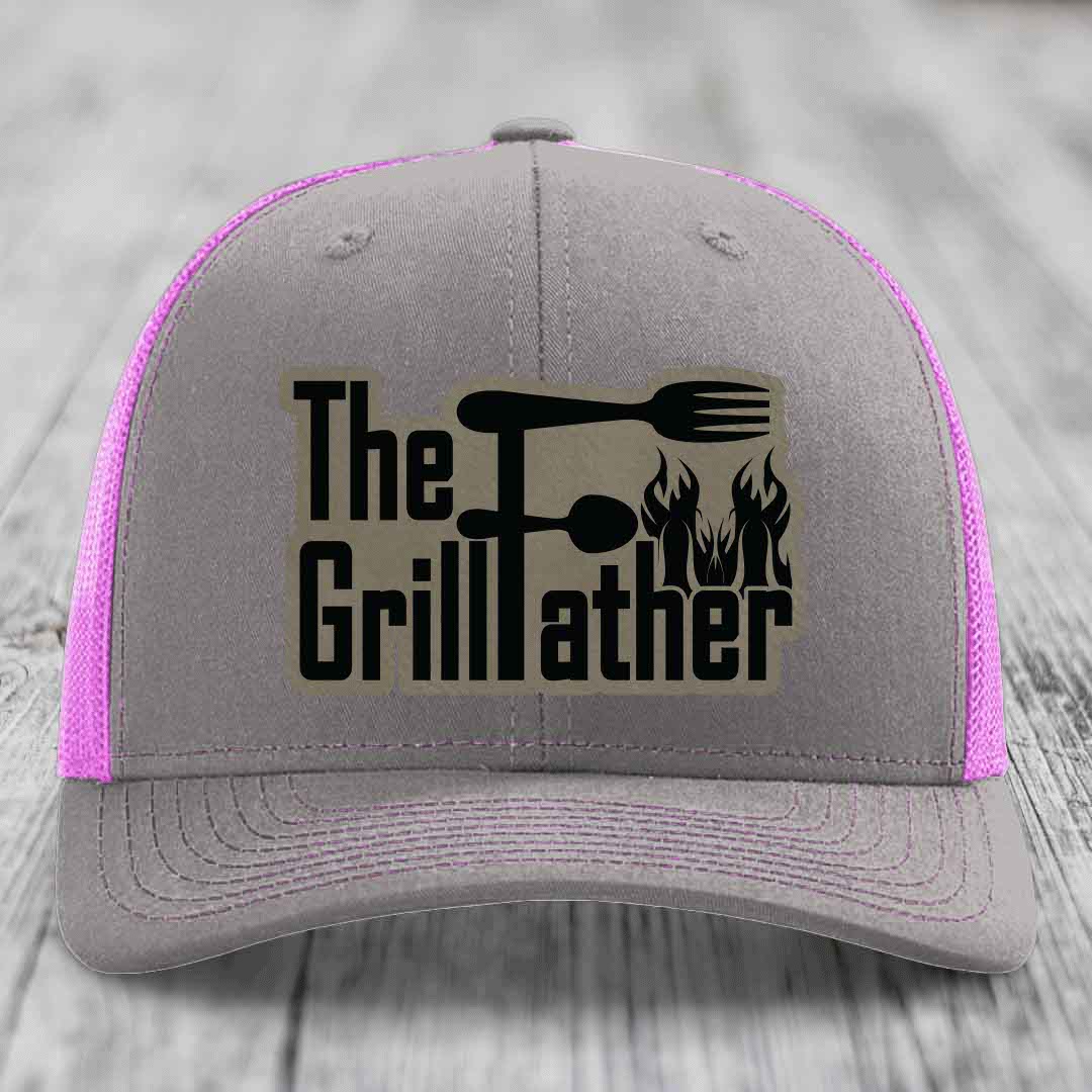 The Grillfather - Leather Patch Hat - Light Brown to Black Patch - Richardson 112 Snapback Trucker Hat