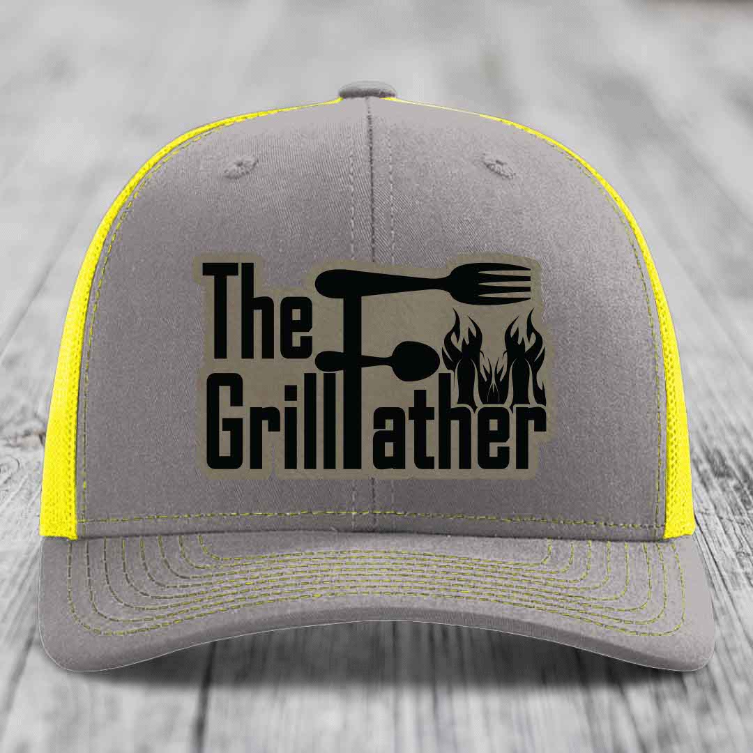 The Grillfather - Leather Patch Hat - Light Brown to Black Patch - Richardson 112 Snapback Trucker Hat