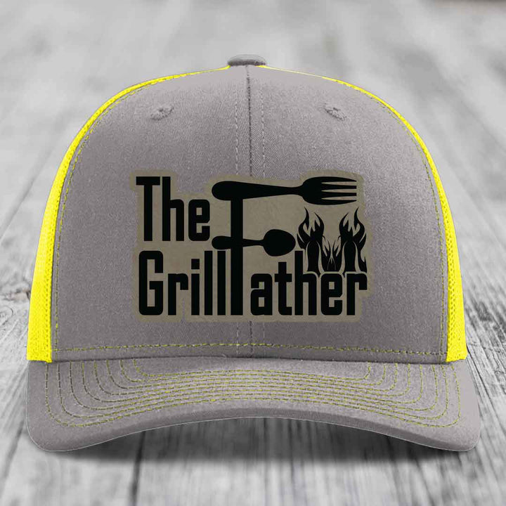 The Grillfather - Leather Patch Hat - Light Brown to Black Patch - Richardson 112 Snapback Trucker Hat