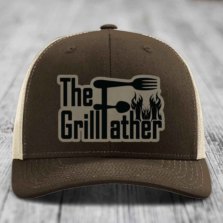 The Grillfather - Leather Patch Hat - Light Brown to Black Patch - Richardson 112 Snapback Trucker Hat