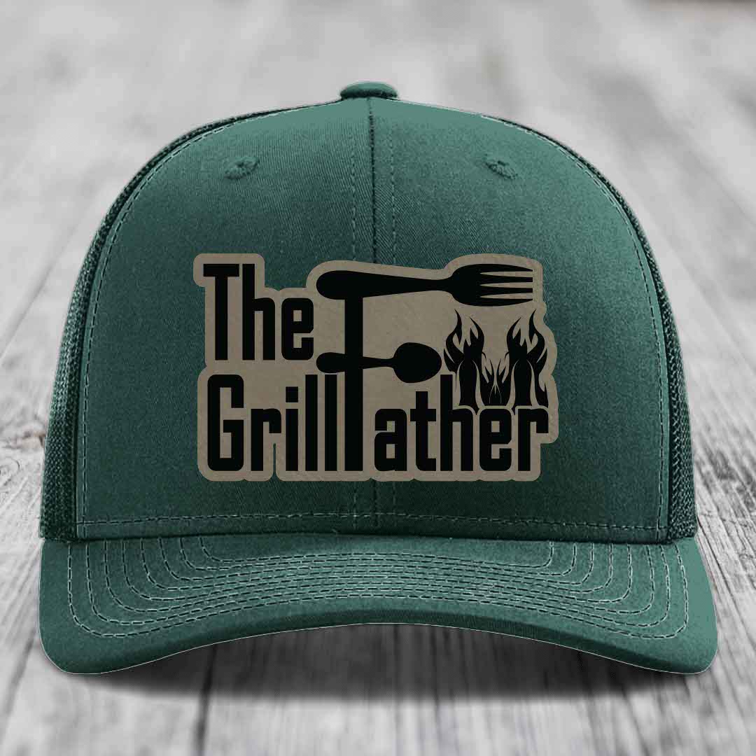 The Grillfather - Leather Patch Hat - Light Brown to Black Patch - Richardson 112 Snapback Trucker Hat