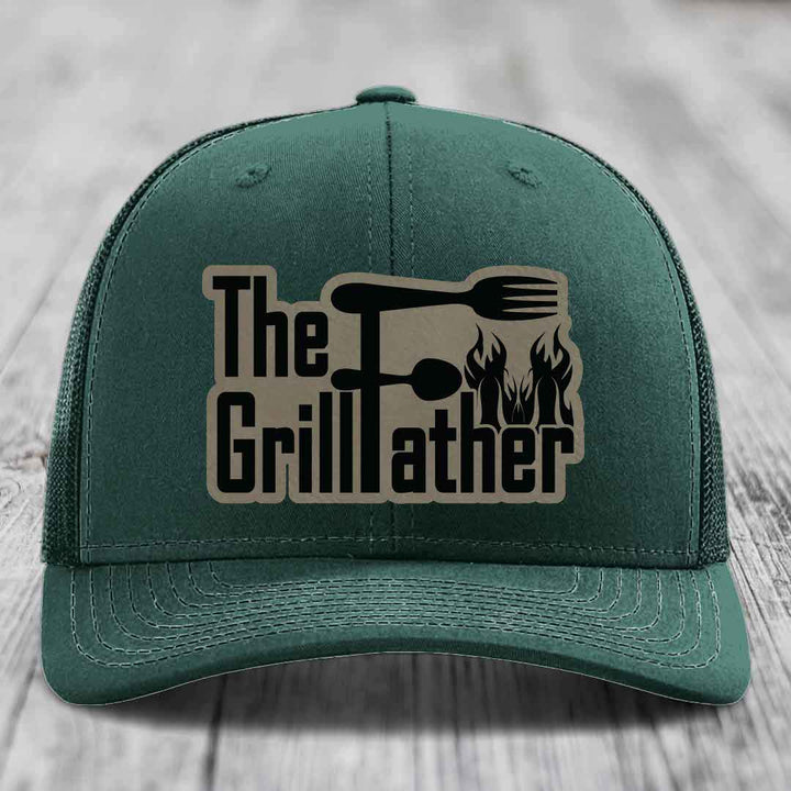 The Grillfather - Leather Patch Hat - Light Brown to Black Patch - Richardson 112 Snapback Trucker Hat