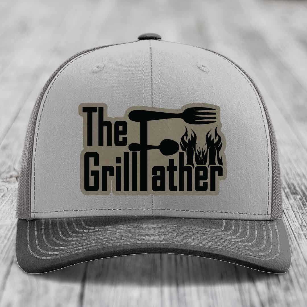 The Grillfather - Leather Patch Hat - Light Brown to Black Patch - Richardson 112 Snapback Trucker Hat