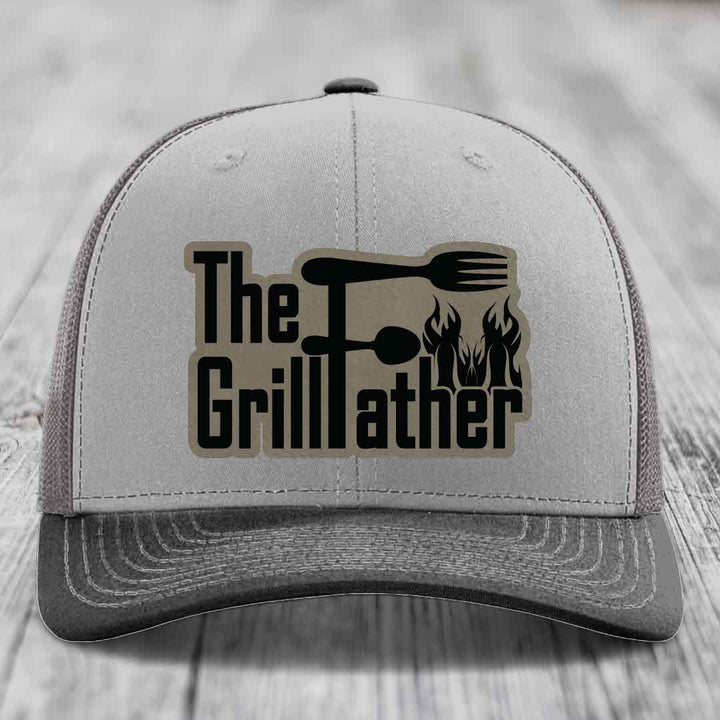 The Grillfather - Leather Patch Hat - Light Brown to Black Patch - Richardson 112 Snapback Trucker Hat