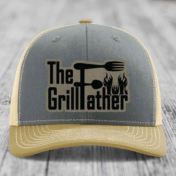 The Grillfather - Leather Patch Hat - Light Brown to Black Patch - Richardson 112 Snapback Trucker Hat