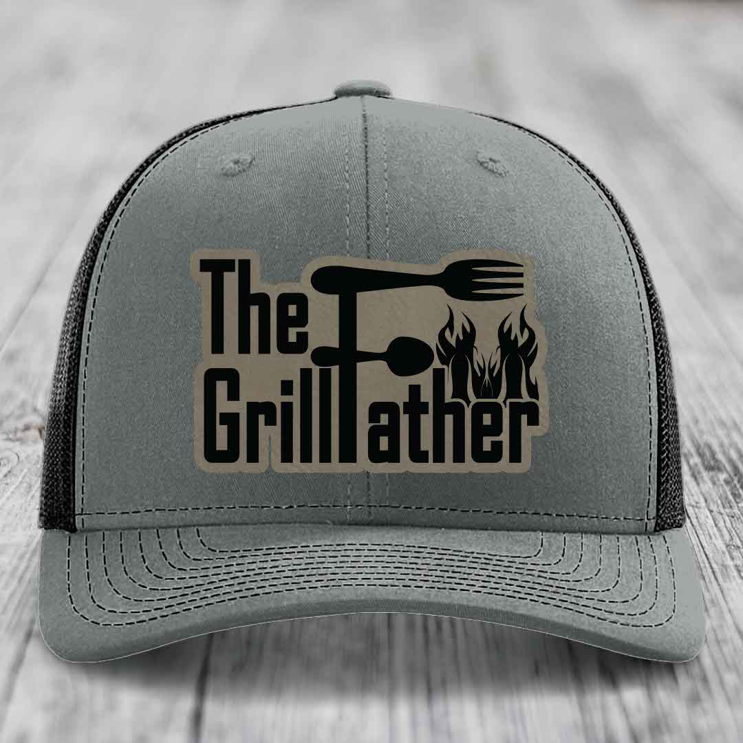 The Grillfather - Leather Patch Hat - Light Brown to Black Patch - Richardson 112 Snapback Trucker Hat