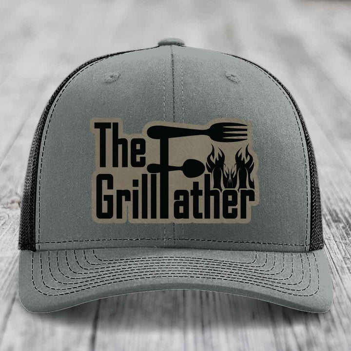 The Grillfather - Leather Patch Hat - Light Brown to Black Patch - Richardson 112 Snapback Trucker Hat