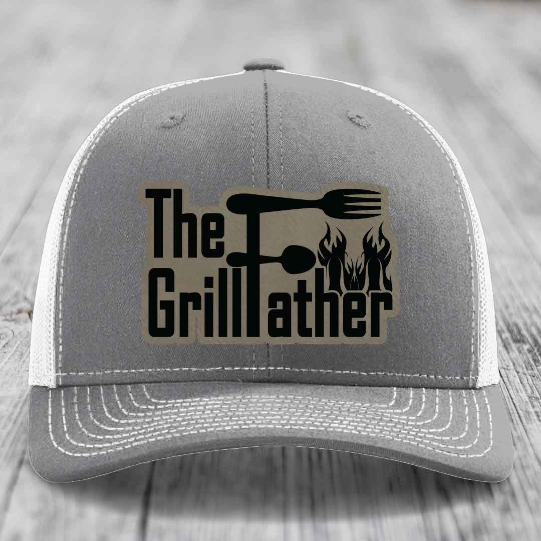 The Grillfather - Leather Patch Hat - Light Brown to Black Patch - Richardson 112 Snapback Trucker Hat