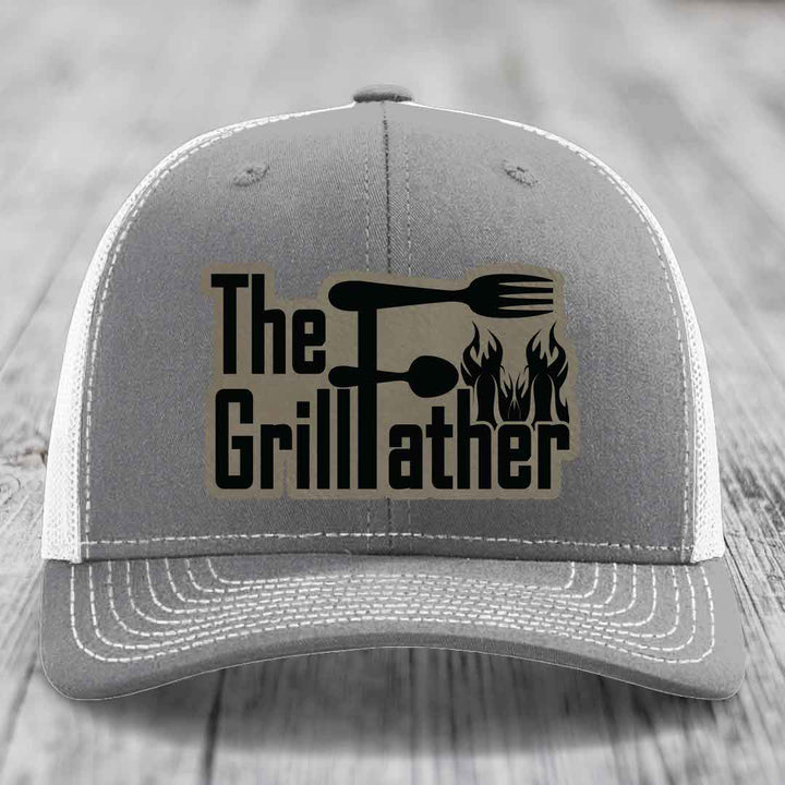 The Grillfather - Leather Patch Hat - Light Brown to Black Patch - Richardson 112 Snapback Trucker Hat