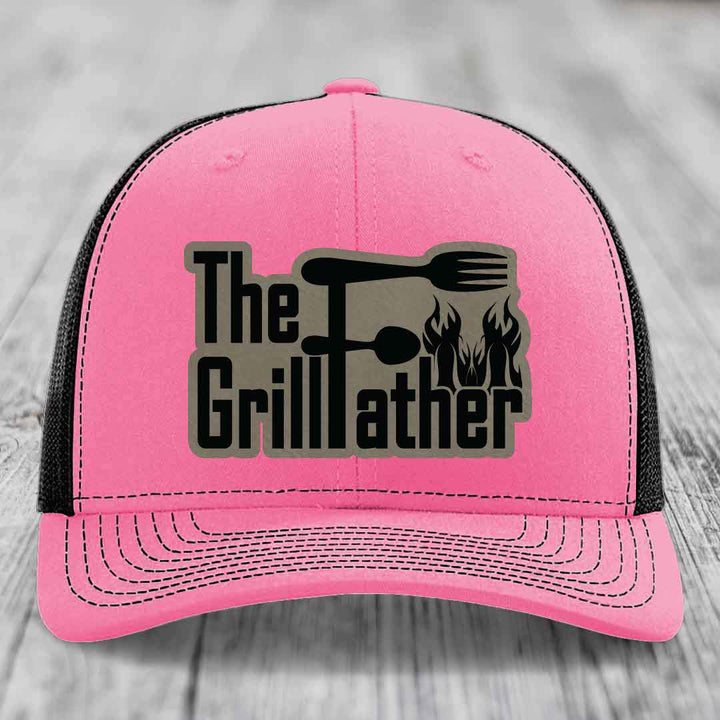 The Grillfather - Leather Patch Hat - Light Brown to Black Patch - Richardson 112 Snapback Trucker Hat