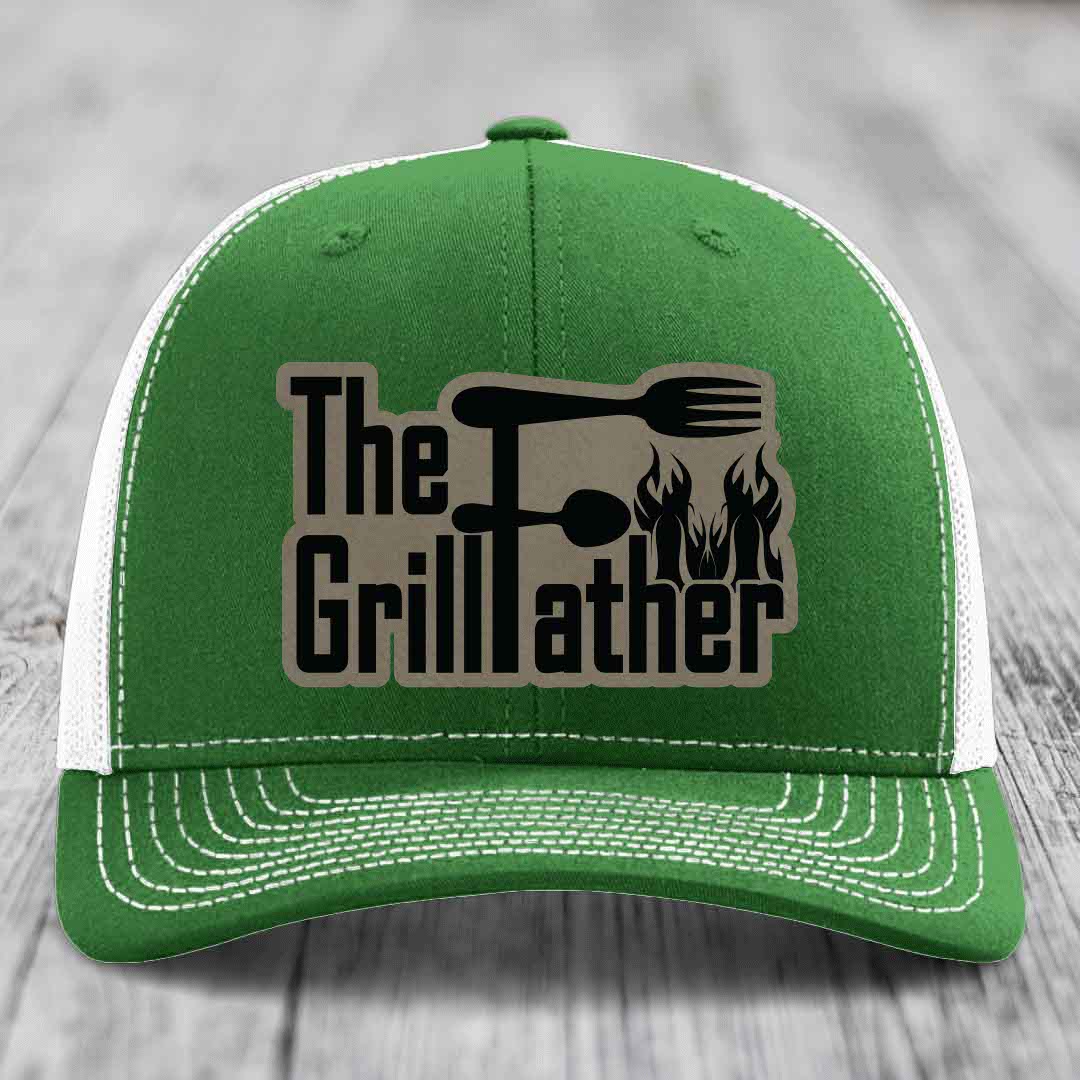 The Grillfather - Leather Patch Hat - Light Brown to Black Patch - Richardson 112 Snapback Trucker Hat