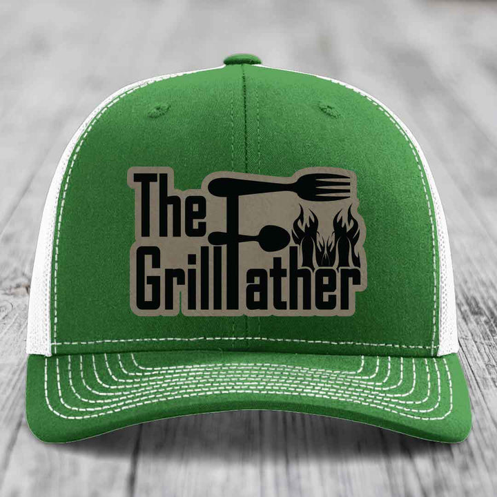 The Grillfather - Leather Patch Hat - Light Brown to Black Patch - Richardson 112 Snapback Trucker Hat