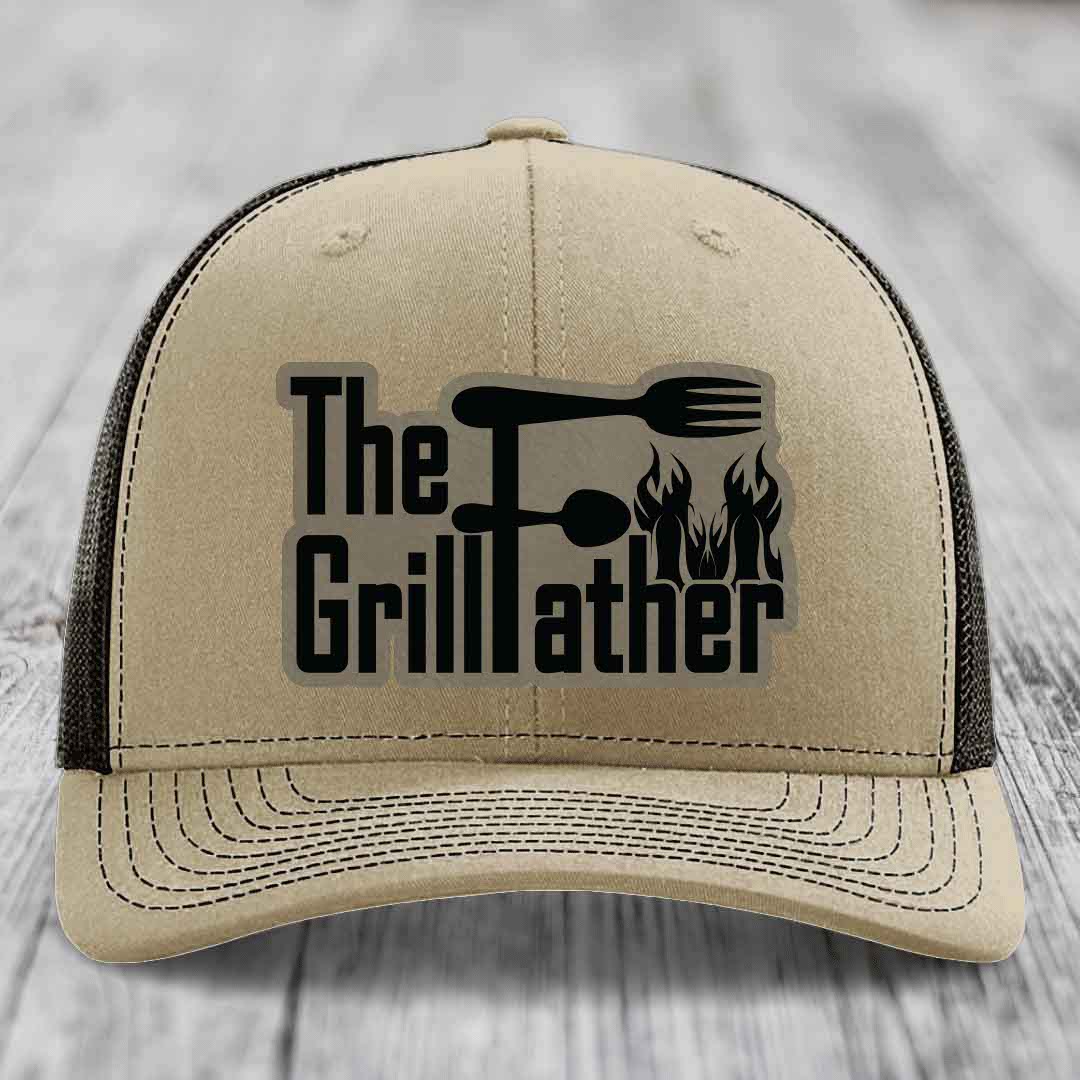 The Grillfather - Leather Patch Hat - Light Brown to Black Patch - Richardson 112 Snapback Trucker Hat