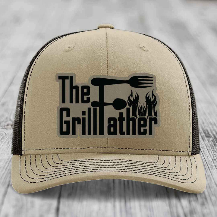 The Grillfather - Leather Patch Hat - Light Brown to Black Patch - Richardson 112 Snapback Trucker Hat