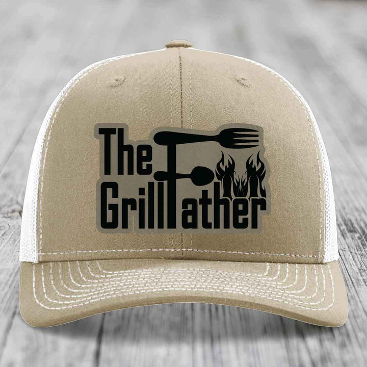 The Grillfather - Leather Patch Hat - Light Brown to Black Patch - Richardson 112 Snapback Trucker Hat