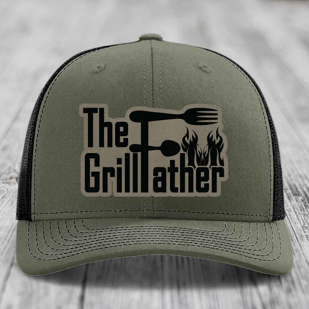 The Grillfather - Leather Patch Hat - Light Brown to Black Patch - Richardson 112 Snapback Trucker Hat