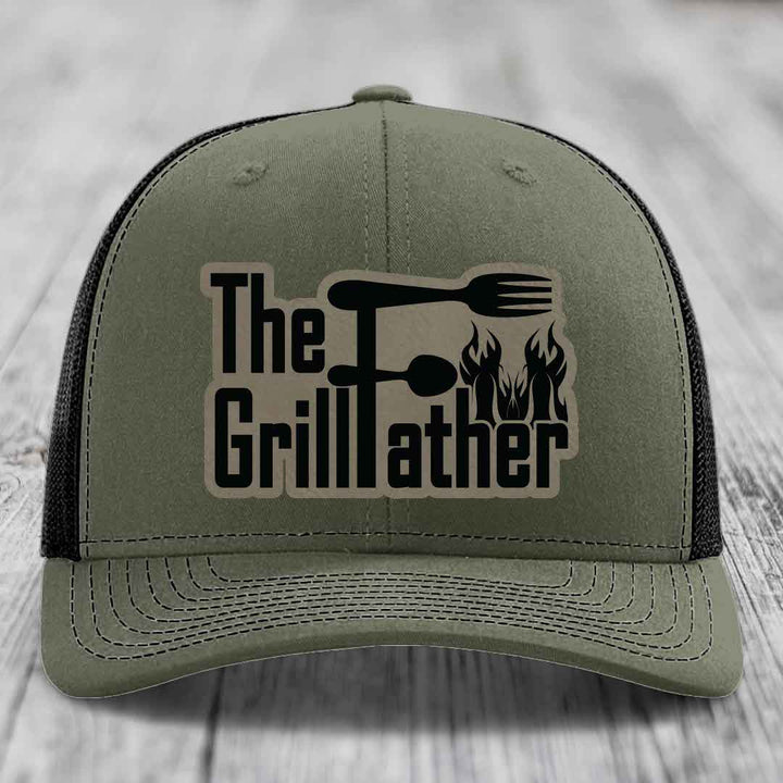 The Grillfather - Leather Patch Hat - Light Brown to Black Patch - Richardson 112 Snapback Trucker Hat