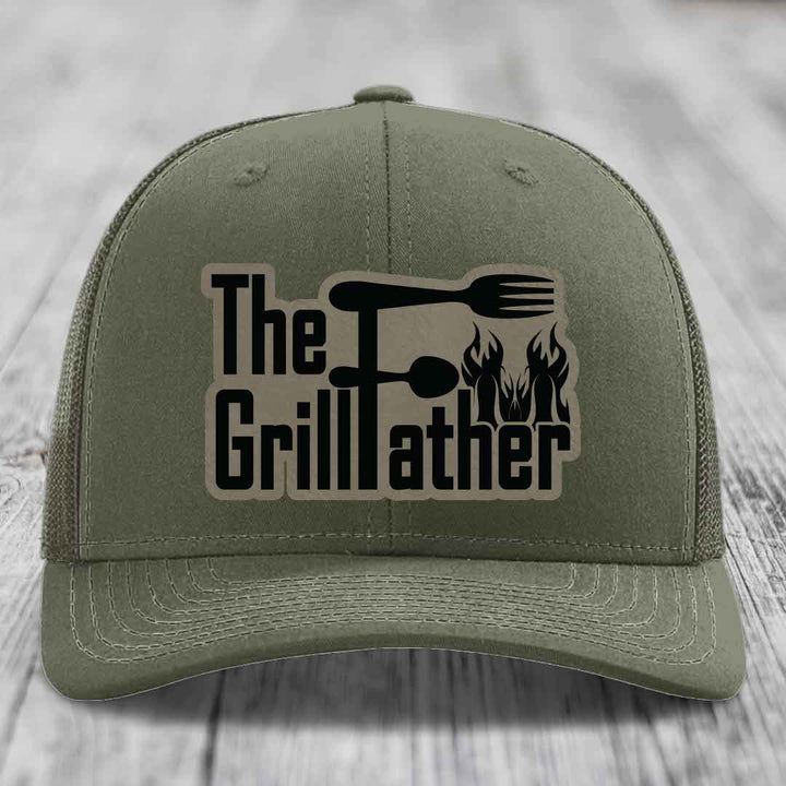 The Grillfather - Leather Patch Hat - Light Brown to Black Patch - Richardson 112 Snapback Trucker Hat